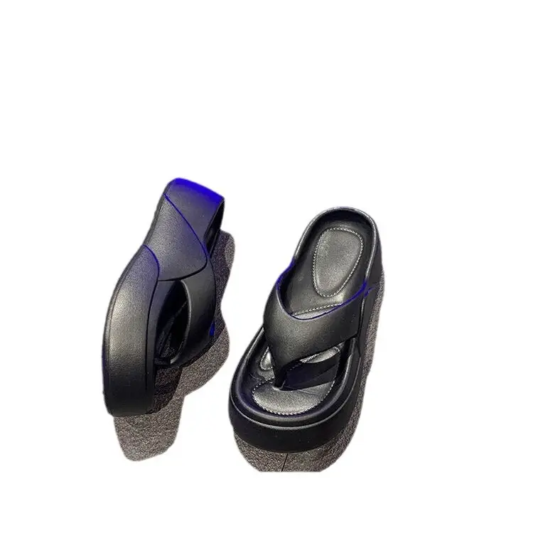 Elegant style solid color outdoor muffin sandals women's summer flip-flops home thick bottom non-slip flip-flops bathroom bath slippers - Image 8