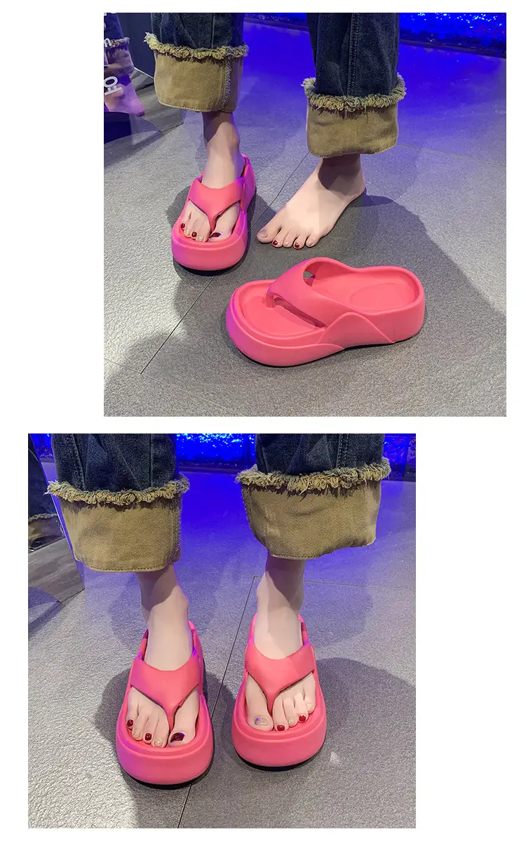 Elegant style solid color outdoor muffin sandals women's summer flip-flops home thick bottom non-slip flip-flops bathroom bath slippers — feature 12