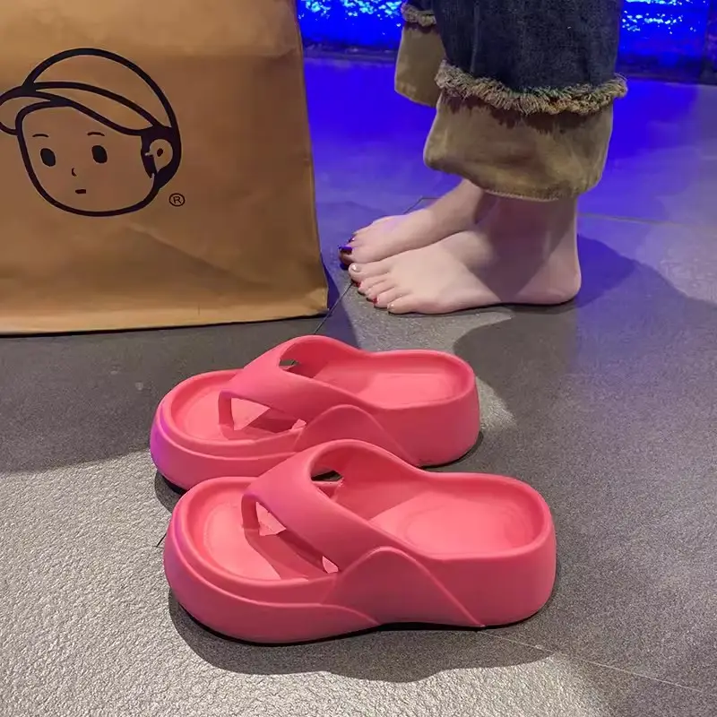 Elegant style solid color outdoor muffin sandals women's summer flip-flops home thick bottom non-slip flip-flops bathroom bath slippers - Image 3