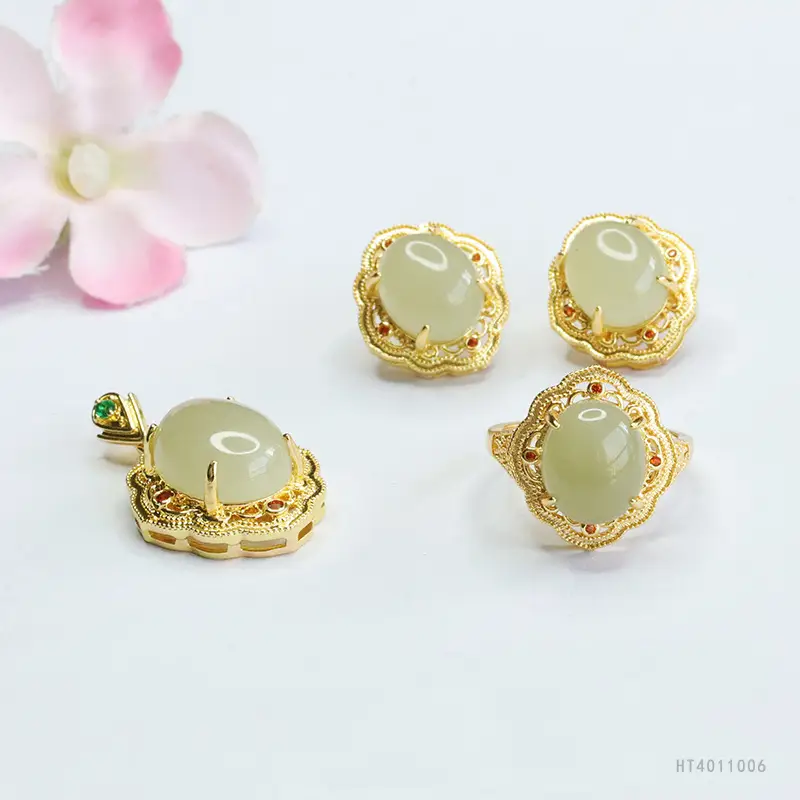 Guan Yu Jade Set Three-Piece Pendant Earrings Ring Set