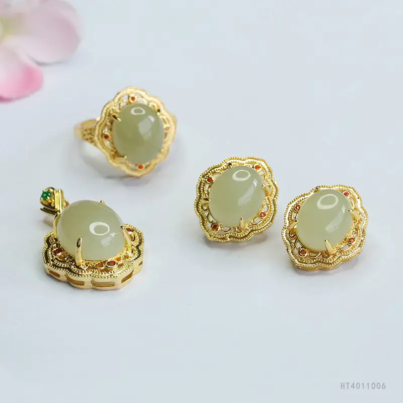Guan Yu Jade Set Three-Piece Pendant Earrings Ring Set