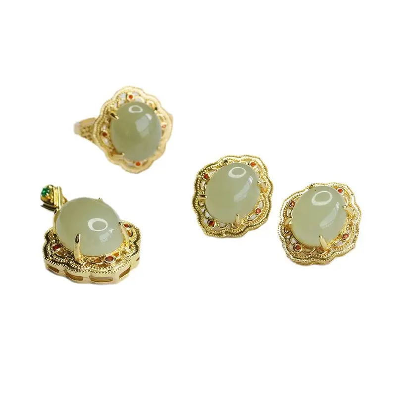 Guan Yu Jade Set Three-Piece Pendant Earrings Ring Set