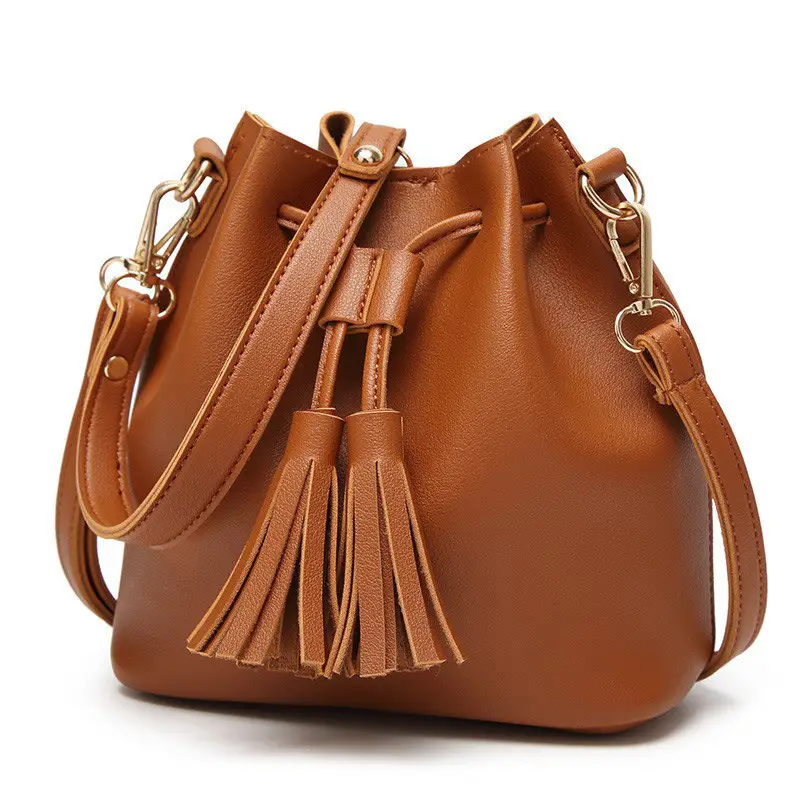 Brown PU Bucket Bag with Tassel Drawstring for Women - Image 6