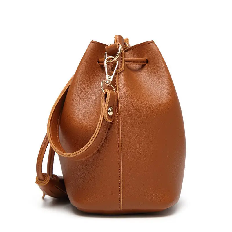 Brown PU Bucket Bag with Tassel Drawstring for Women - Image 7