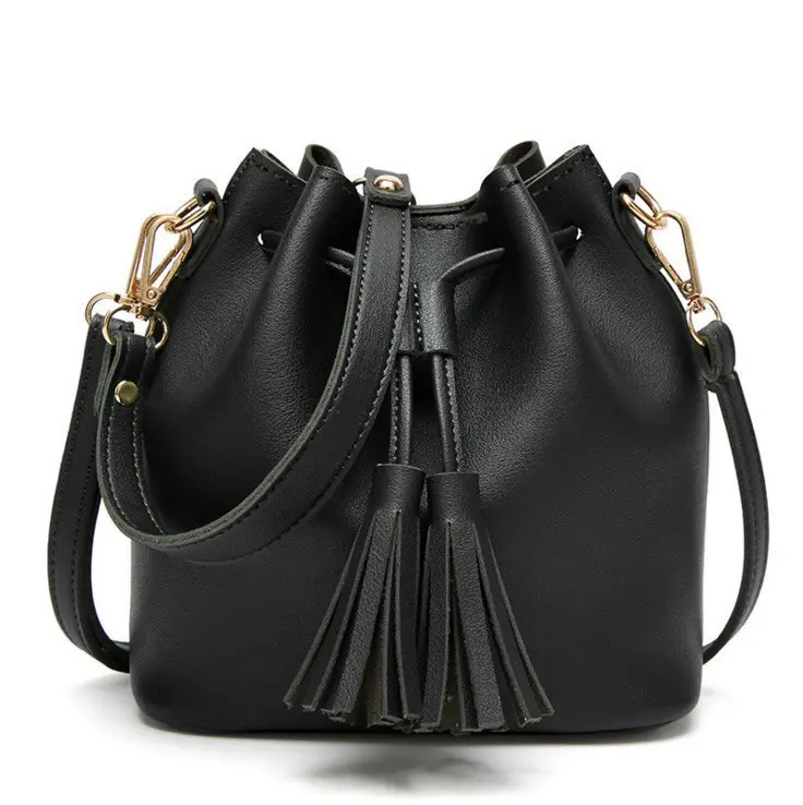 Brown PU Bucket Bag with Tassel Drawstring for Women - Image 8