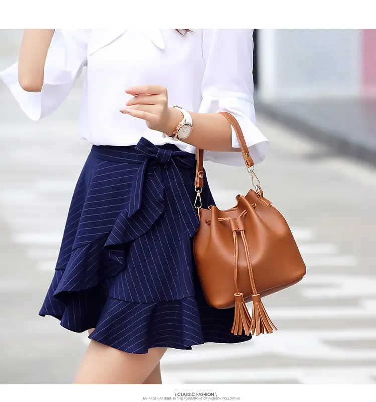 Brown PU Bucket Bag with Tassel Drawstring for Women — feature 11