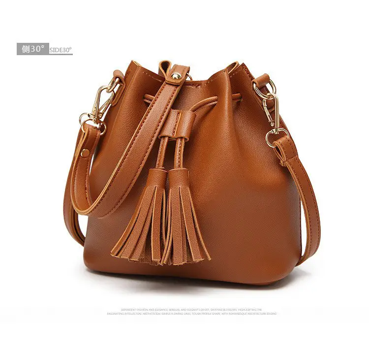 Brown PU Bucket Bag with Tassel Drawstring for Women — feature 15