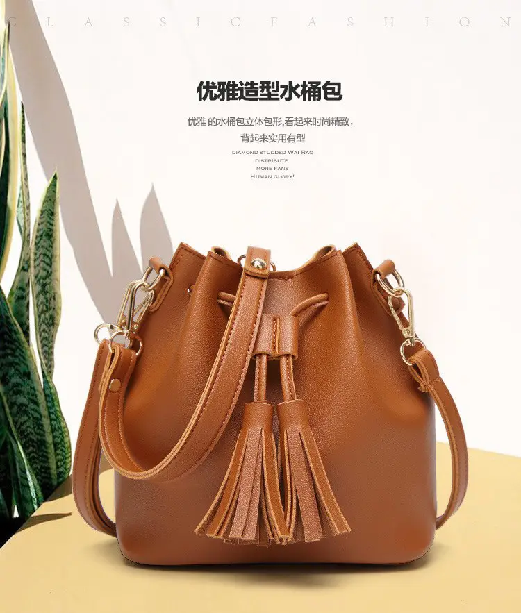 Brown PU Bucket Bag with Tassel Drawstring for Women — feature 2