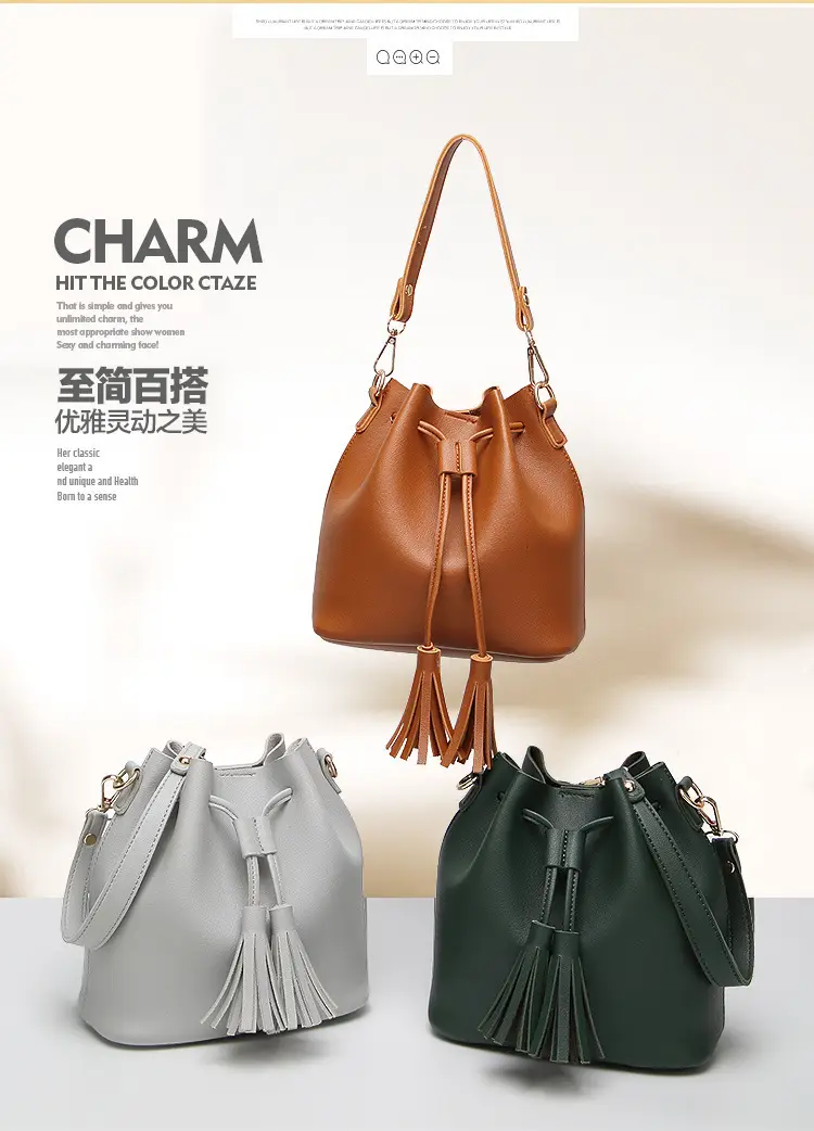 Brown PU Bucket Bag with Tassel Drawstring for Women — feature 4