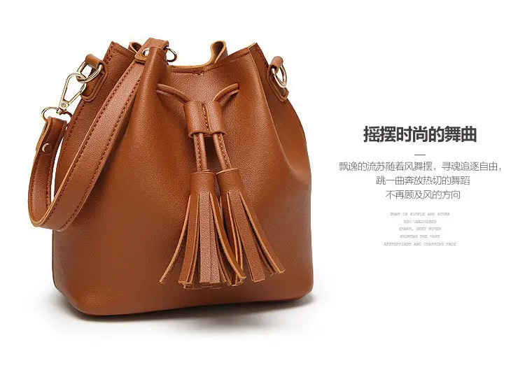 Brown PU Bucket Bag with Tassel Drawstring for Women — feature 5