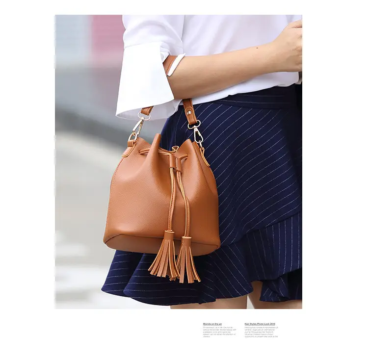 Brown PU Bucket Bag with Tassel Drawstring for Women — feature 8