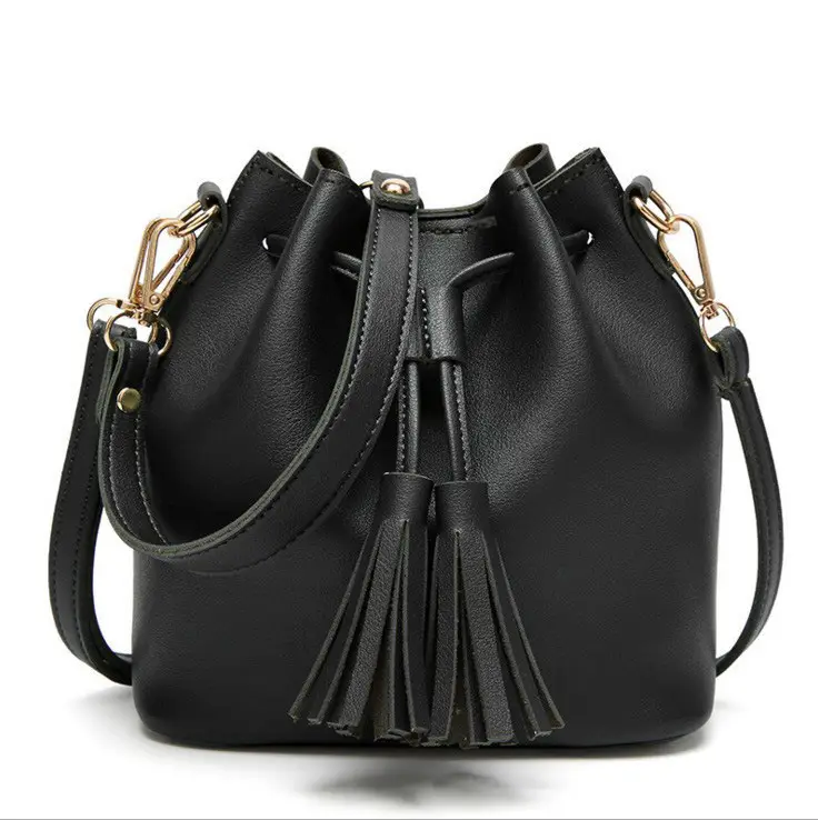 Brown PU Bucket Bag with Tassel Drawstring for Women - Image 2