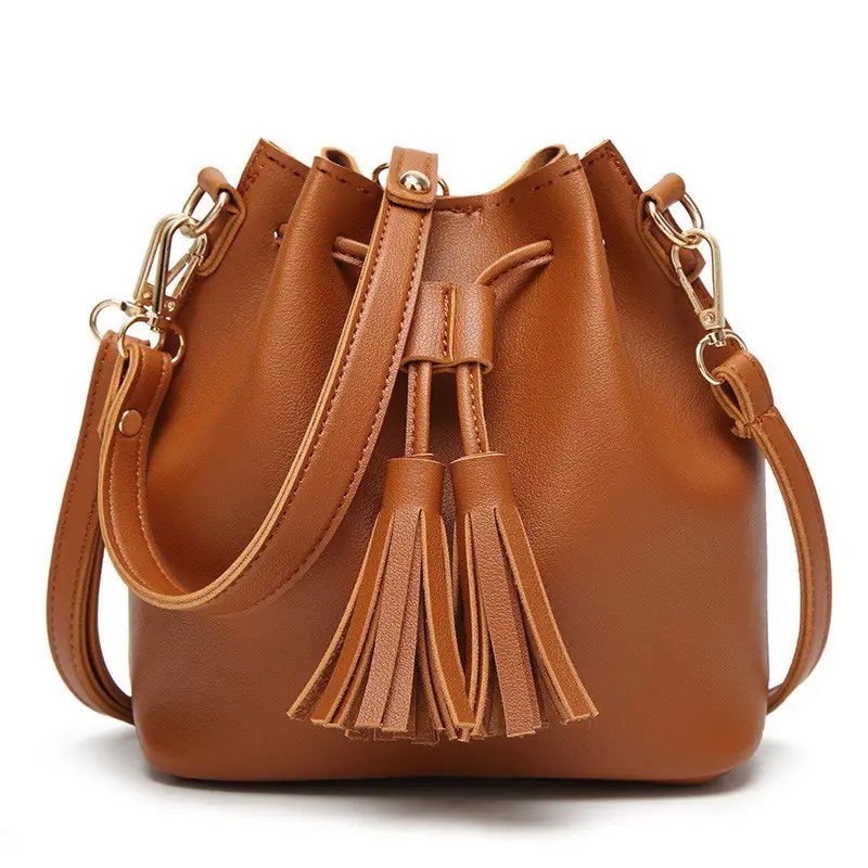 Brown PU Bucket Bag with Tassel Drawstring for Women - Image 3