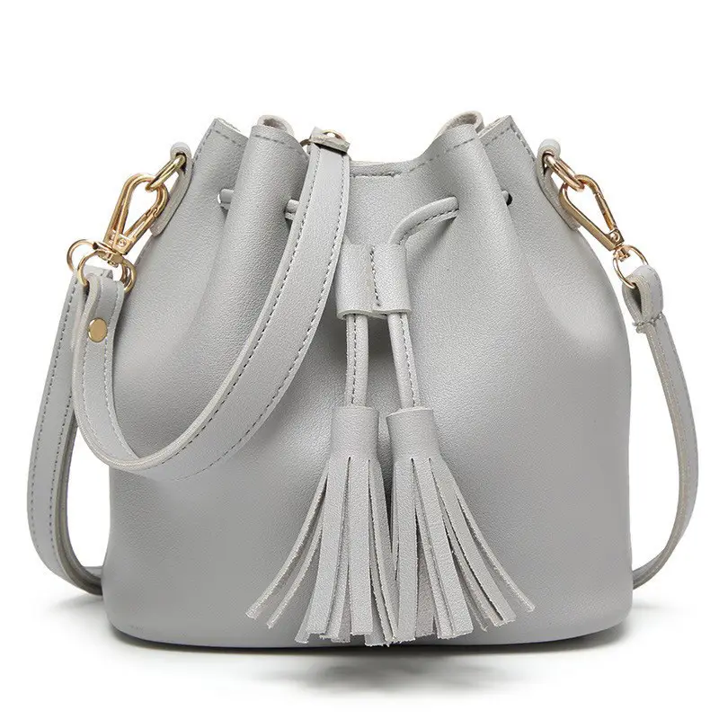 Brown PU Bucket Bag with Tassel Drawstring for Women - Image 4
