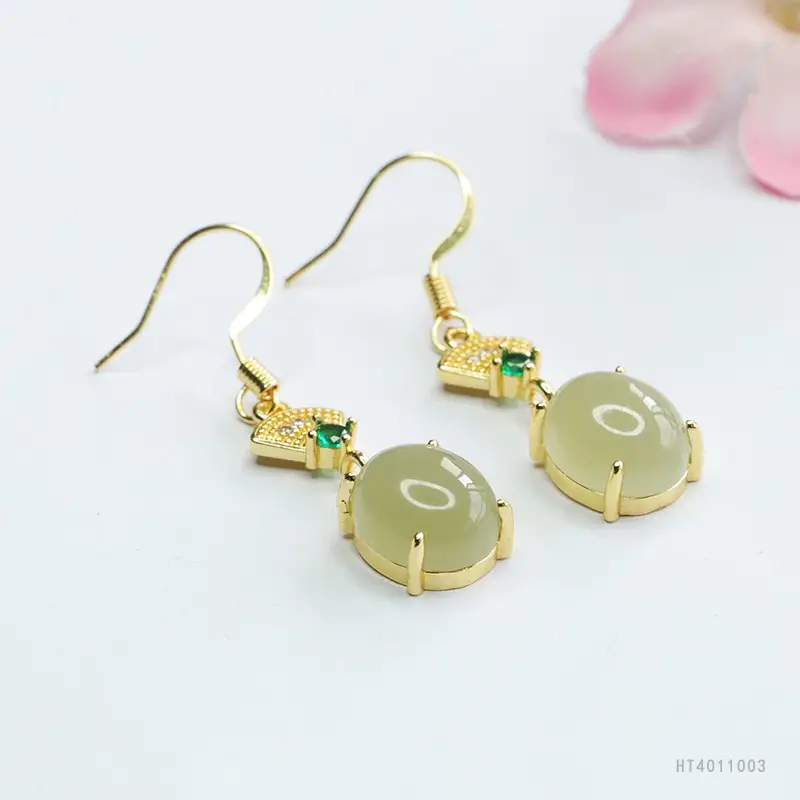 Guan Yu Jade Clear Water Earrings Gold Plated - Image 3