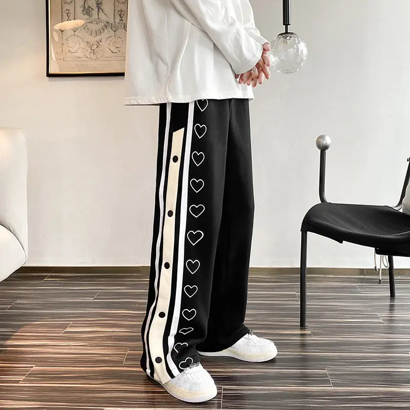 Men's Black Heart Print Wide Leg Track Pants - Image 3