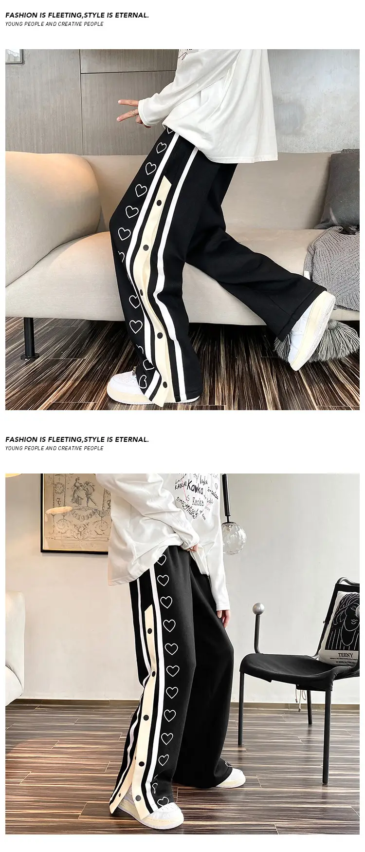 Men's Black Heart Print Wide Leg Track Pants — feature 3