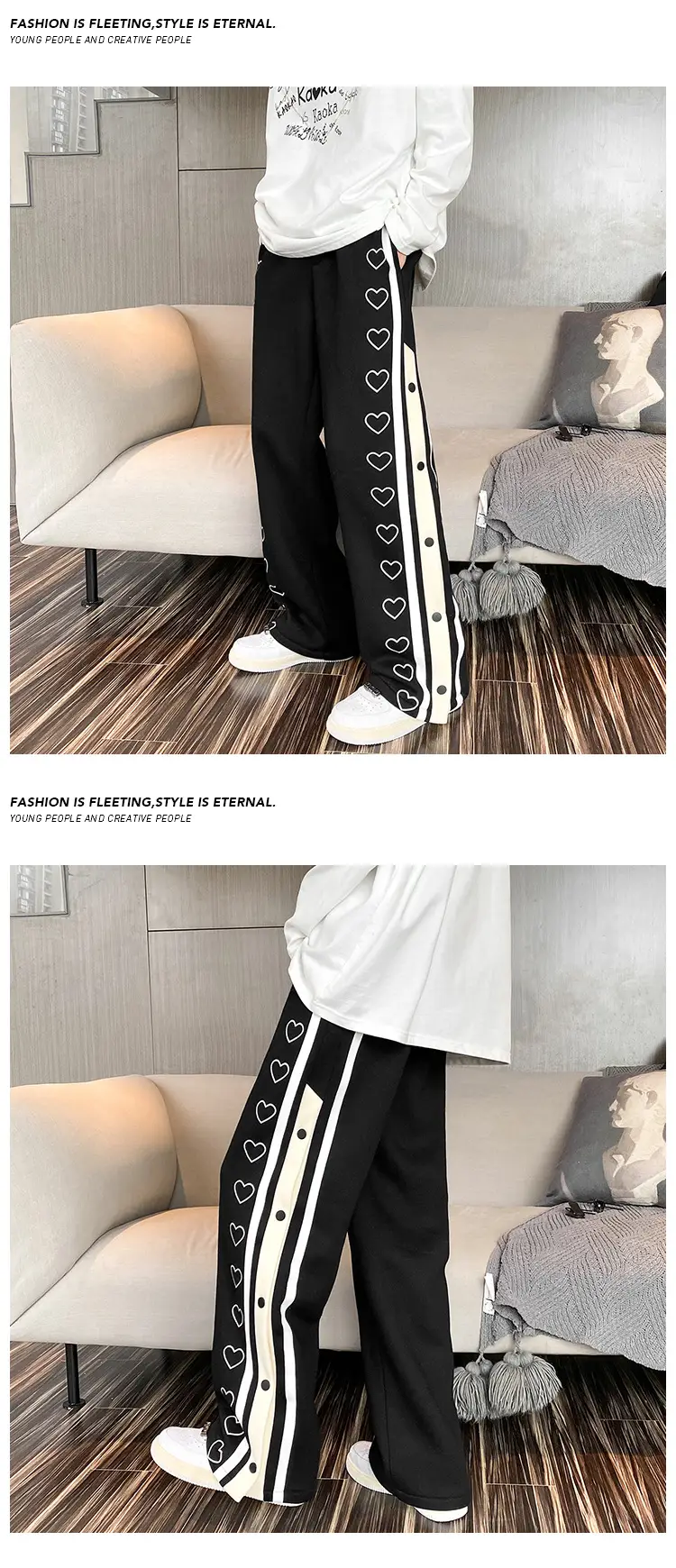 Men's Black Heart Print Wide Leg Track Pants — feature 4