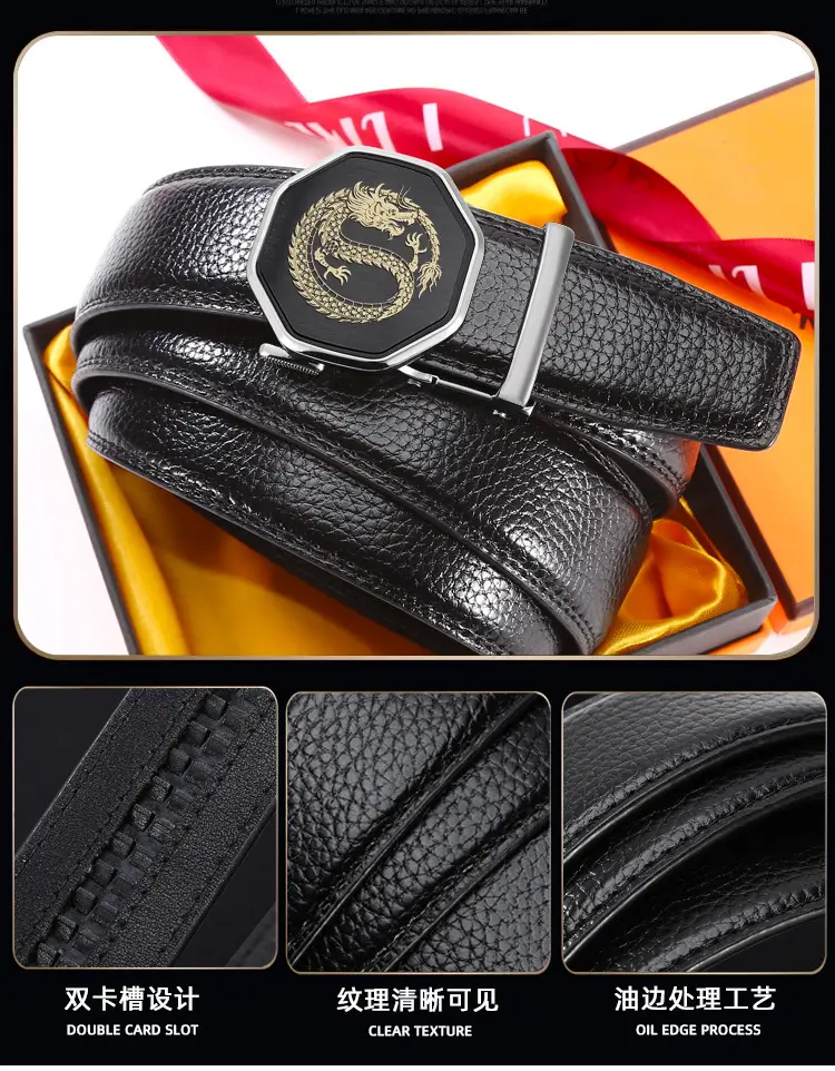 Men's Black Genuine Leather Automatic Buckle Belt — feature 4