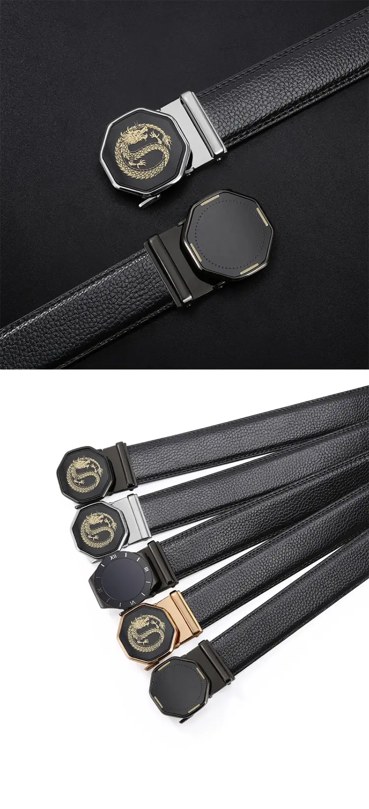 Men's Black Genuine Leather Automatic Buckle Belt — feature 8