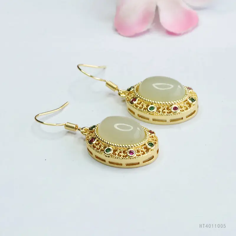 Guan Yu Hetian Jade Clear Water Earrings Gold Plated - Image 3