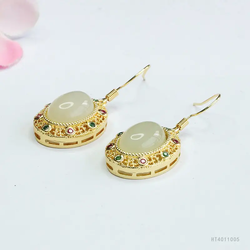 Guan Yu Hetian Jade Clear Water Earrings Gold Plated - Image 4
