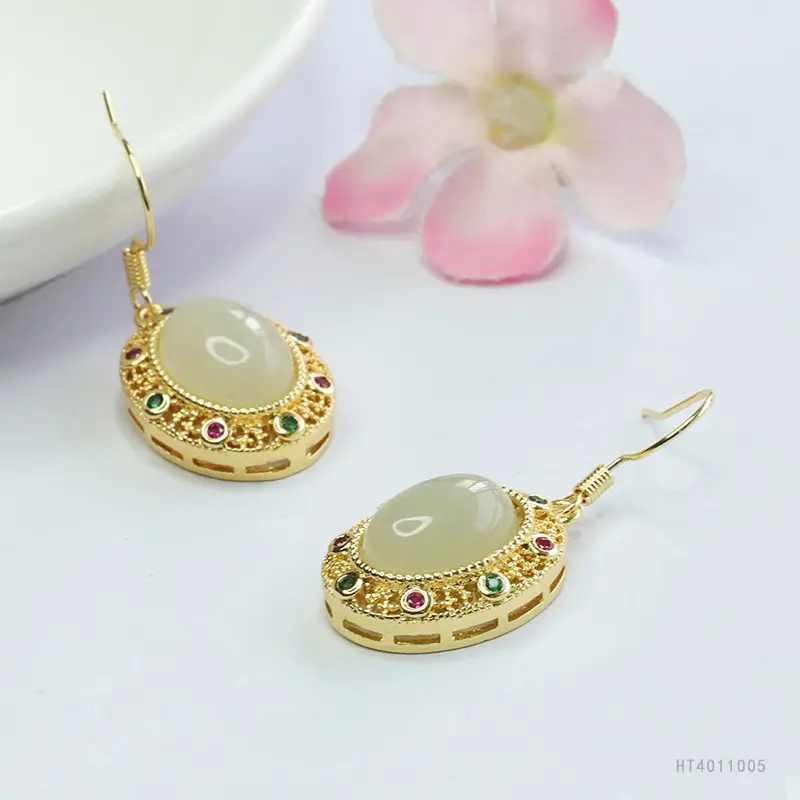 Guan Yu Hetian Jade Clear Water Earrings Gold Plated - Image 5