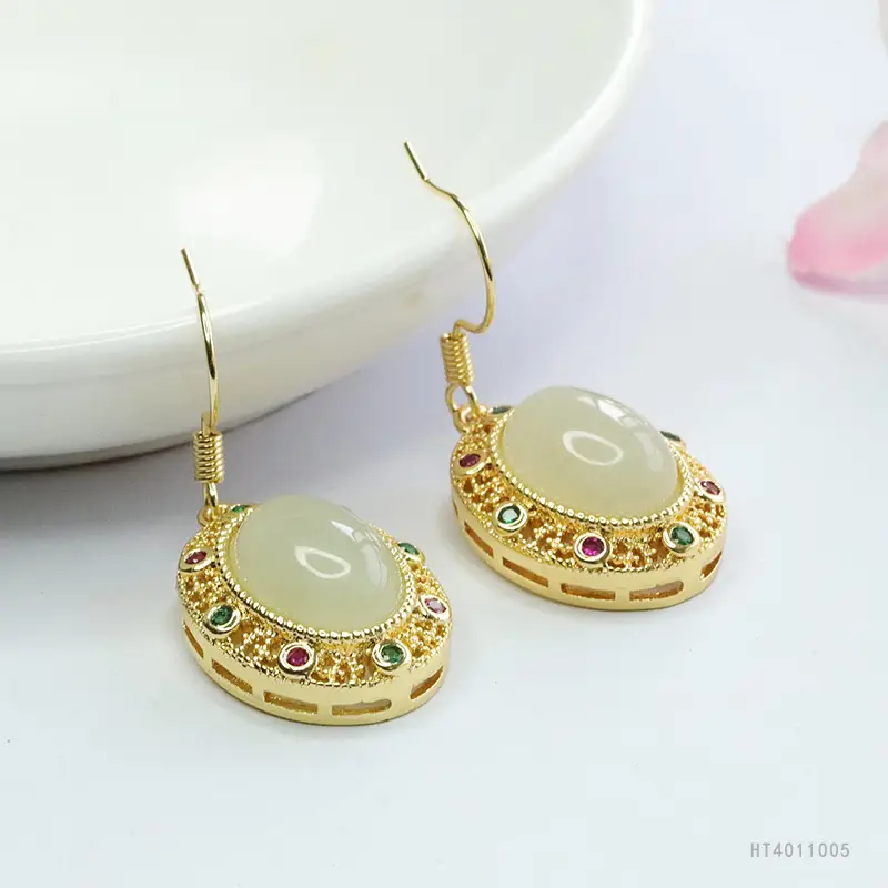 Guan Yu Hetian Jade Clear Water Earrings Gold Plated — feature 7