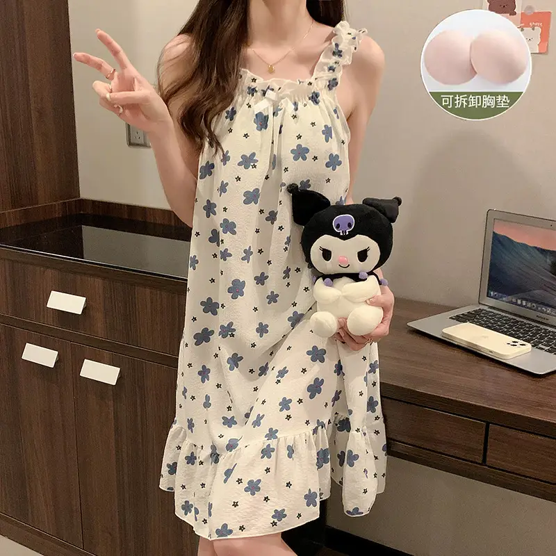 Fairy-Style Thin Polyester-Cotton Camisole Nightgown, Lazy Style, Breathable for Summer, Can Be Worn Outside, Girl's Home Wear, Sleeveless, Mid-Length