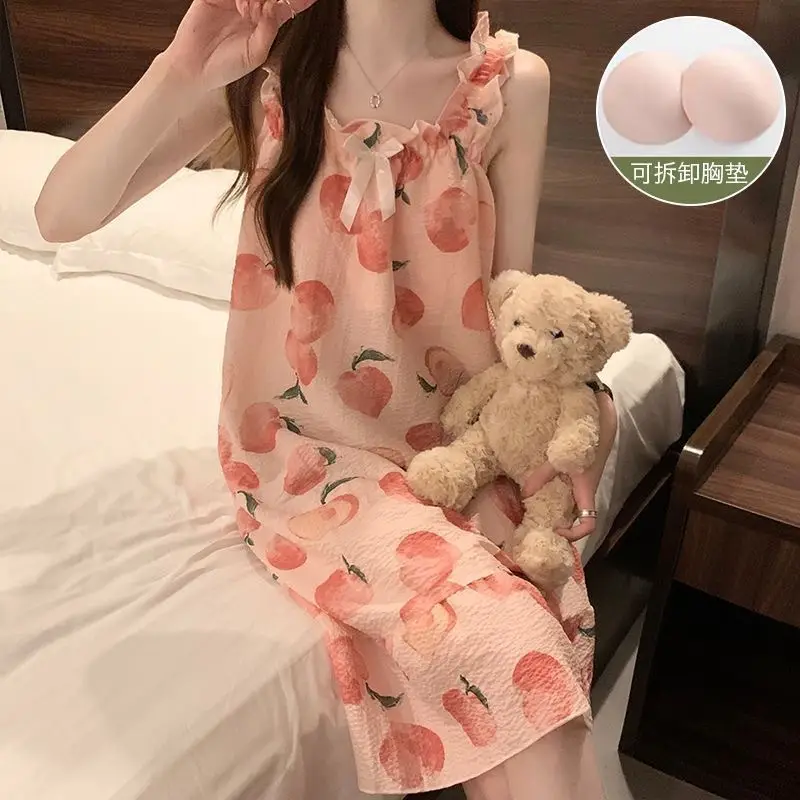 Fairy-Style Thin Polyester-Cotton Camisole Nightgown, Lazy Style, Breathable for Summer, Can Be Worn Outside, Girl's Home Wear, Sleeveless, Mid-Length