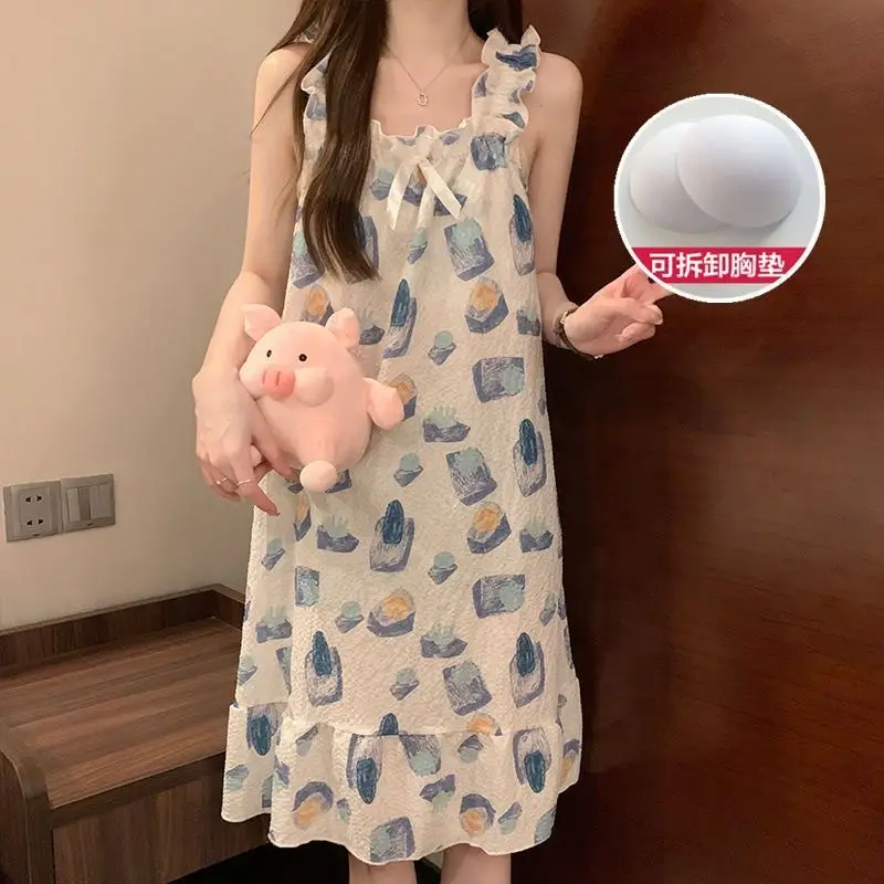 Fairy-Style Thin Polyester-Cotton Camisole Nightgown, Lazy Style, Breathable for Summer, Can Be Worn Outside, Girl's Home Wear, Sleeveless, Mid-Length