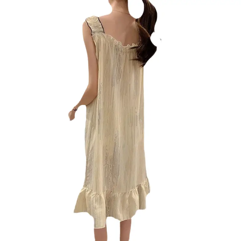 Fairy-Style Thin Polyester-Cotton Camisole Nightgown, Lazy Style, Breathable for Summer, Can Be Worn Outside, Girl's Home Wear, Sleeveless, Mid-Length