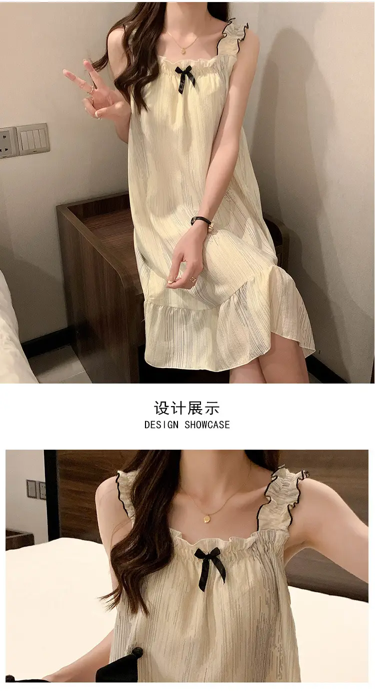 Fairy-Style Thin Polyester-Cotton Camisole Nightgown, Lazy Style, Breathable for Summer, Can Be Worn Outside, Girl's Home Wear, Sleeveless, Mid-Length — feature 10