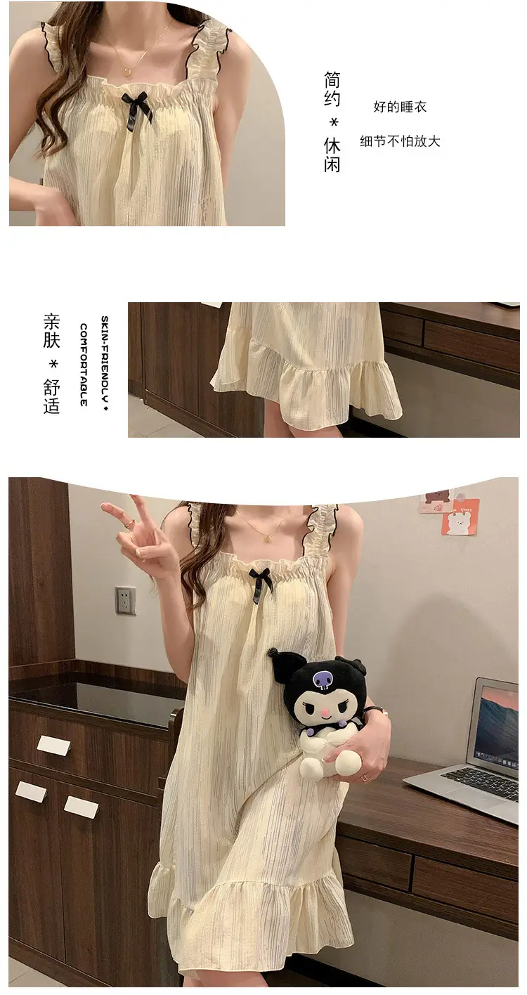 Fairy-Style Thin Polyester-Cotton Camisole Nightgown, Lazy Style, Breathable for Summer, Can Be Worn Outside, Girl's Home Wear, Sleeveless, Mid-Length — feature 11