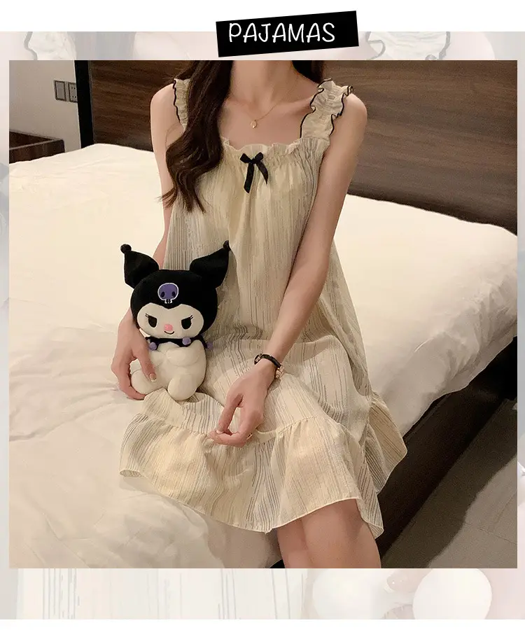 Fairy-Style Thin Polyester-Cotton Camisole Nightgown, Lazy Style, Breathable for Summer, Can Be Worn Outside, Girl's Home Wear, Sleeveless, Mid-Length — feature 12