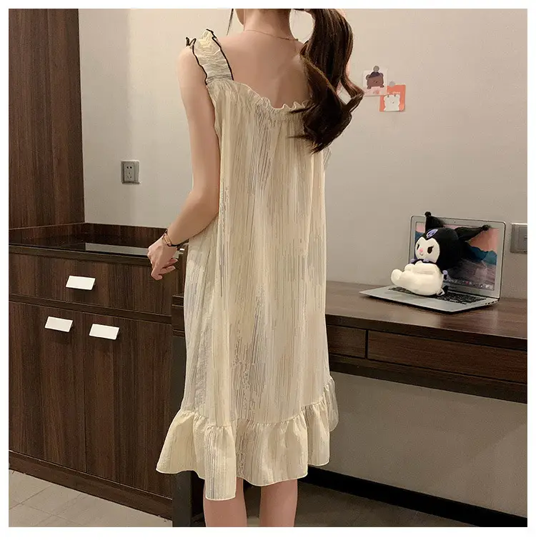 Fairy-Style Thin Polyester-Cotton Camisole Nightgown, Lazy Style, Breathable for Summer, Can Be Worn Outside, Girl's Home Wear, Sleeveless, Mid-Length — feature 14