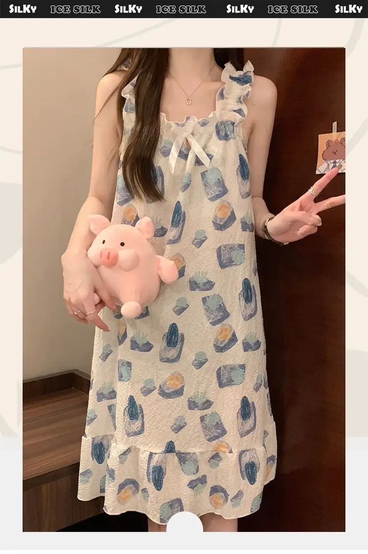 Fairy-Style Thin Polyester-Cotton Camisole Nightgown, Lazy Style, Breathable for Summer, Can Be Worn Outside, Girl's Home Wear, Sleeveless, Mid-Length — feature 15