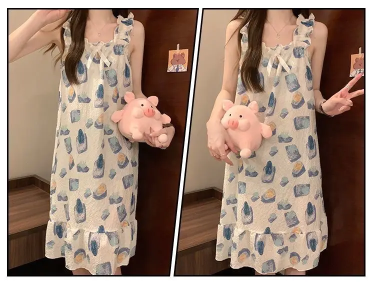 Fairy-Style Thin Polyester-Cotton Camisole Nightgown, Lazy Style, Breathable for Summer, Can Be Worn Outside, Girl's Home Wear, Sleeveless, Mid-Length — feature 16