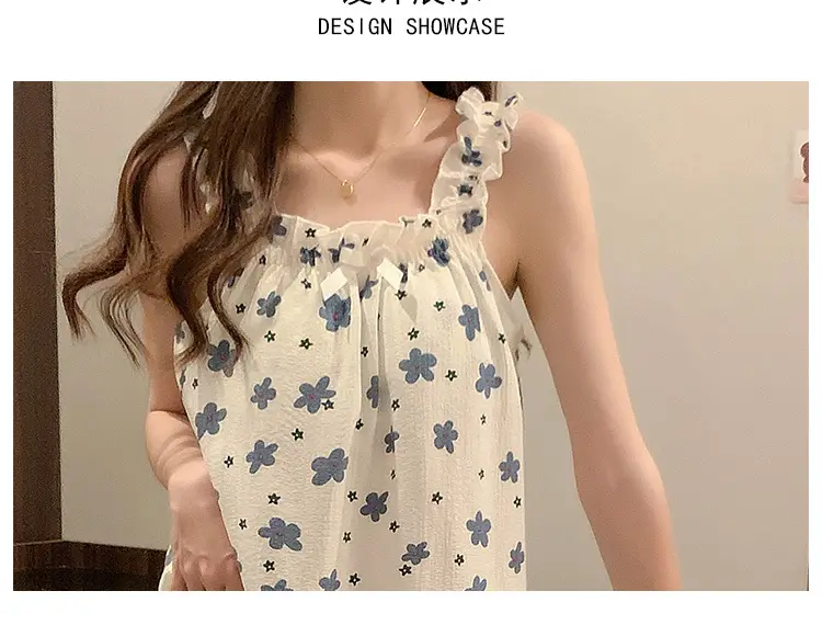 Fairy-Style Thin Polyester-Cotton Camisole Nightgown, Lazy Style, Breathable for Summer, Can Be Worn Outside, Girl's Home Wear, Sleeveless, Mid-Length — feature 3