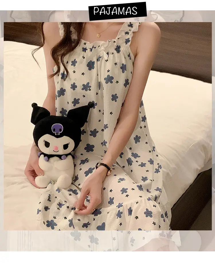 Fairy-Style Thin Polyester-Cotton Camisole Nightgown, Lazy Style, Breathable for Summer, Can Be Worn Outside, Girl's Home Wear, Sleeveless, Mid-Length — feature 6