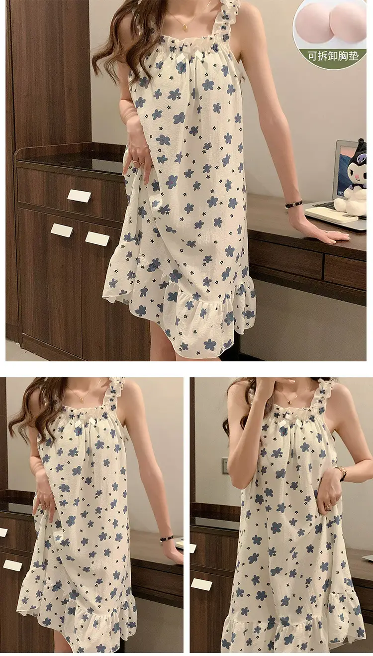 Fairy-Style Thin Polyester-Cotton Camisole Nightgown, Lazy Style, Breathable for Summer, Can Be Worn Outside, Girl's Home Wear, Sleeveless, Mid-Length — feature 7