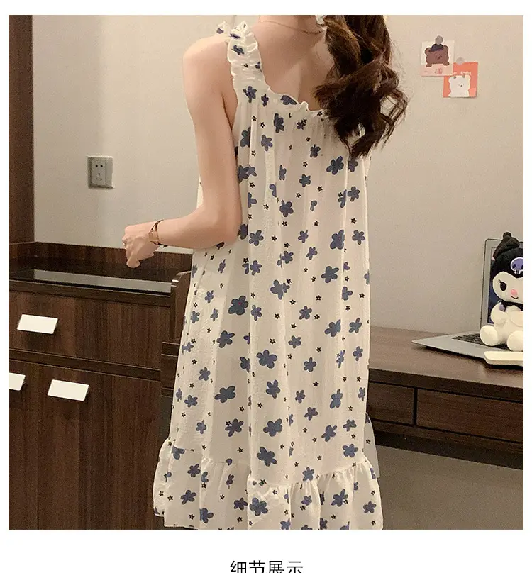 Fairy-Style Thin Polyester-Cotton Camisole Nightgown, Lazy Style, Breathable for Summer, Can Be Worn Outside, Girl's Home Wear, Sleeveless, Mid-Length — feature 8