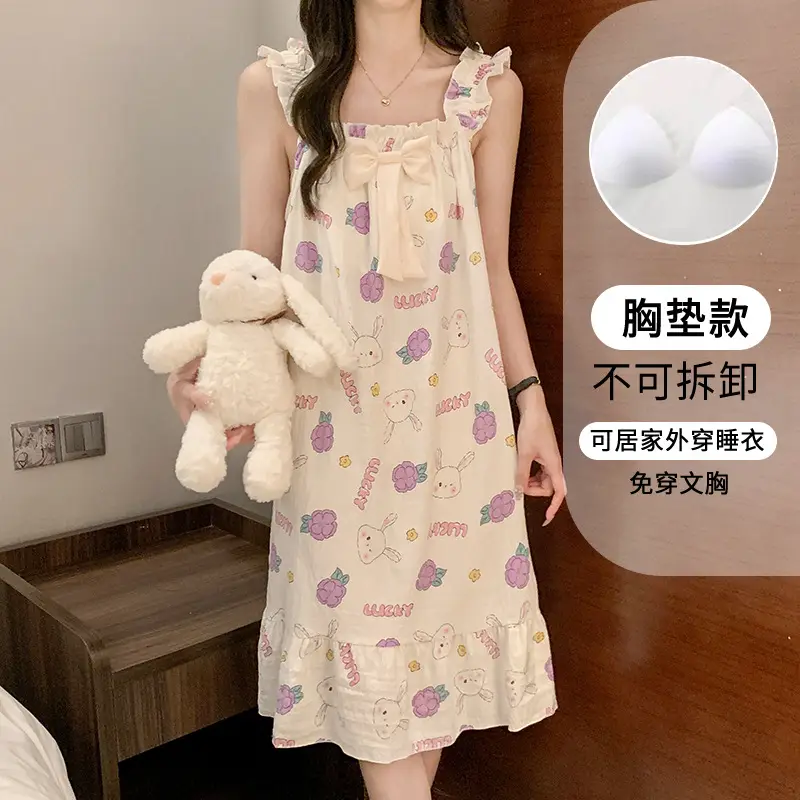 Fairy-Style Thin Polyester-Cotton Camisole Nightgown, Lazy Style, Breathable for Summer, Can Be Worn Outside, Girl's Home Wear, Sleeveless, Mid-Length