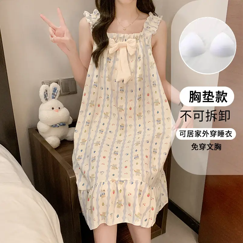 Fairy-Style Thin Polyester-Cotton Camisole Nightgown, Lazy Style, Breathable for Summer, Can Be Worn Outside, Girl's Home Wear, Sleeveless, Mid-Length