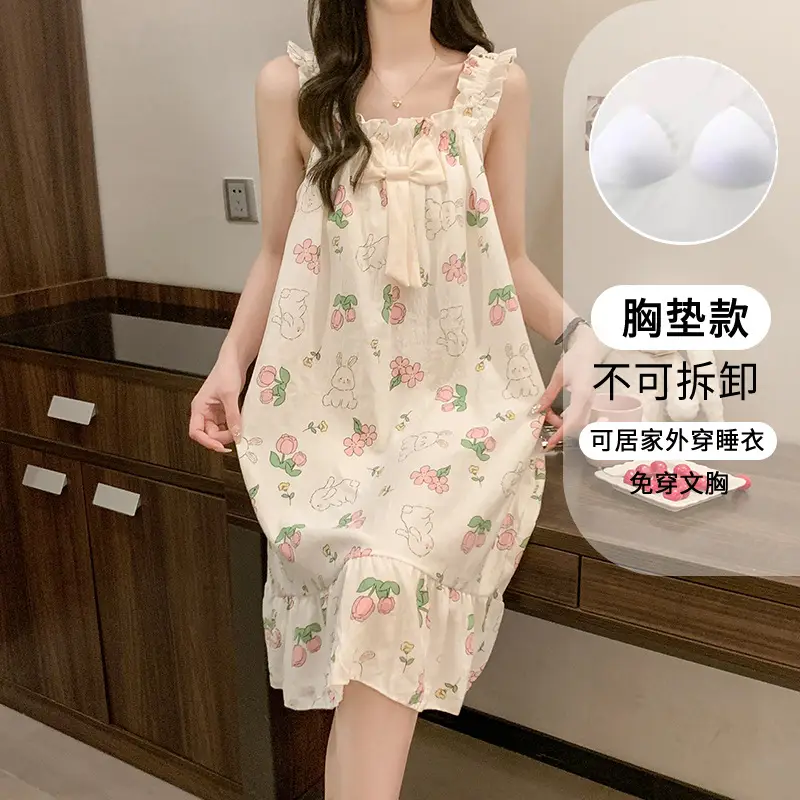Fairy-Style Thin Polyester-Cotton Camisole Nightgown, Lazy Style, Breathable for Summer, Can Be Worn Outside, Girl's Home Wear, Sleeveless, Mid-Length