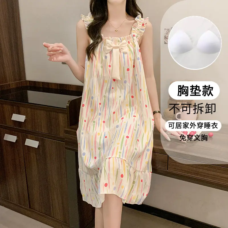 Fairy-Style Thin Polyester-Cotton Camisole Nightgown, Lazy Style, Breathable for Summer, Can Be Worn Outside, Girl's Home Wear, Sleeveless, Mid-Length