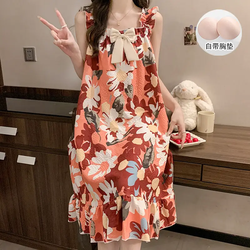 Fairy-Style Thin Polyester-Cotton Camisole Nightgown, Lazy Style, Breathable for Summer, Can Be Worn Outside, Girl's Home Wear, Sleeveless, Mid-Length
