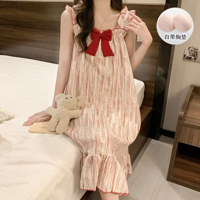 Fairy-Style Thin Polyester-Cotton Camisole Nightgown, Lazy Style, Breathable for Summer, Can Be Worn Outside, Girl's Home Wear, Sleeveless, Mid-Length