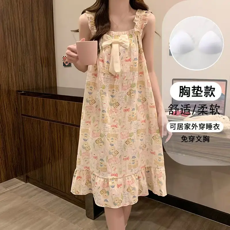 Fairy-Style Thin Polyester-Cotton Camisole Nightgown, Lazy Style, Breathable for Summer, Can Be Worn Outside, Girl's Home Wear, Sleeveless, Mid-Length