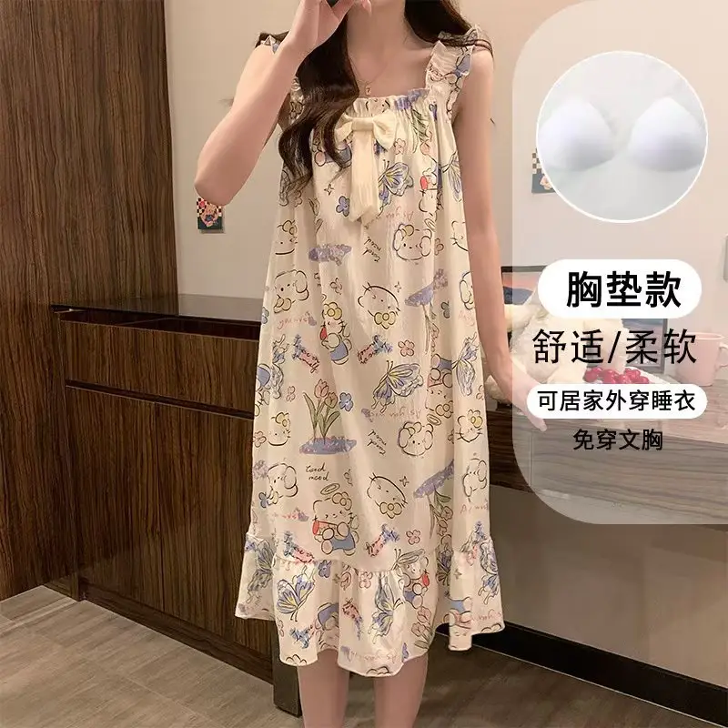 Fairy-Style Thin Polyester-Cotton Camisole Nightgown, Lazy Style, Breathable for Summer, Can Be Worn Outside, Girl's Home Wear, Sleeveless, Mid-Length